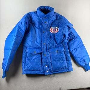 Vintage Swingster Justice Bros Racing Puffer Jacket Blue Nylon Mens Small USA